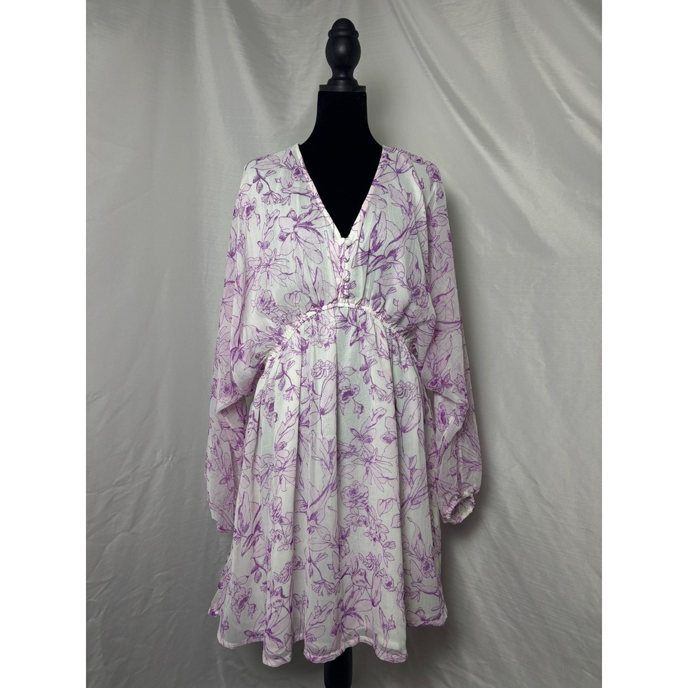 A New Day Purple Floral V-Neck Mini Dress Long Sleeve Elastic Waist Large